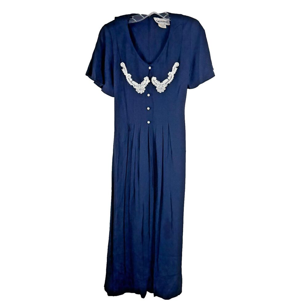 Vintage SJ Dress Women 8 Blue Nautical Sailor Teacher 90s Cottagecore Pleated